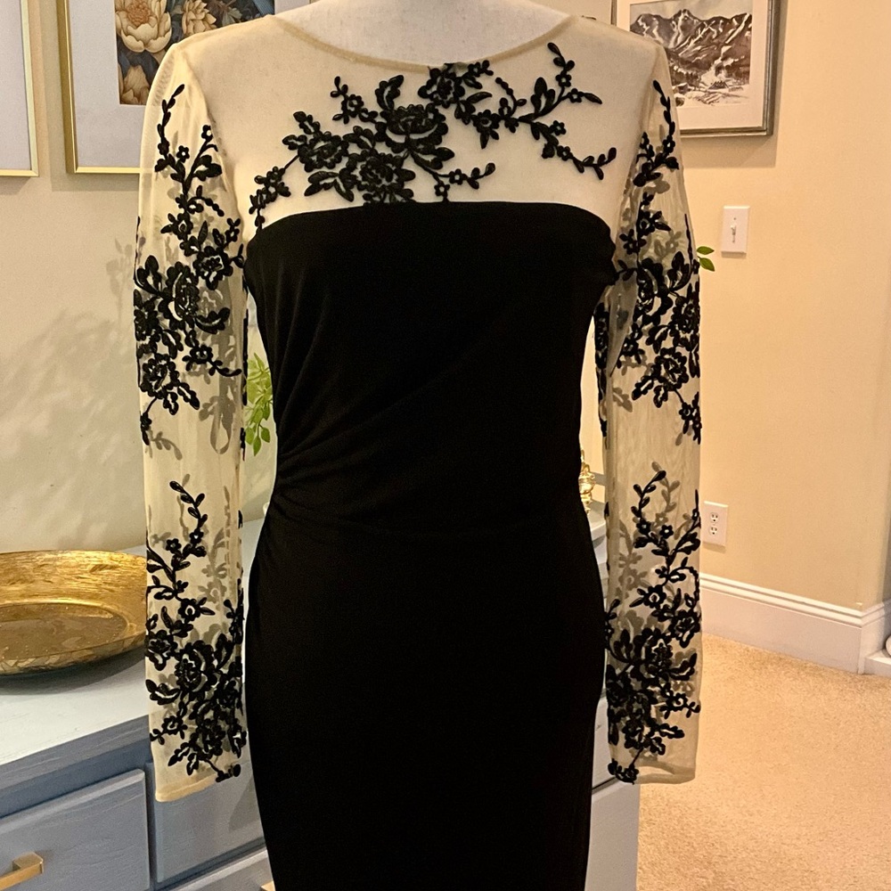 David Meister Illusion Long-Sleeve Embroidered Jersey Cocktail dress